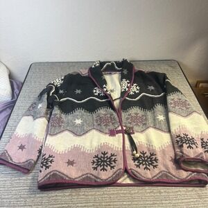 Flashback Womens Snowflake Tapestry Cardigan Sweater Purple Black Shawl Collar